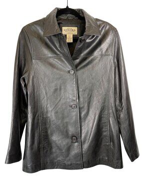 Sonoma Black Lambskin Leather Car Coat Womens Medium Button Front Soft Lined